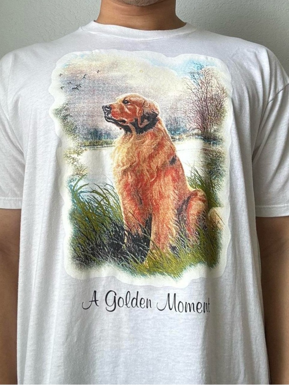 Vintage 1990s Golden Retriever Graphics White Tee Shirt "A Golden Moment"